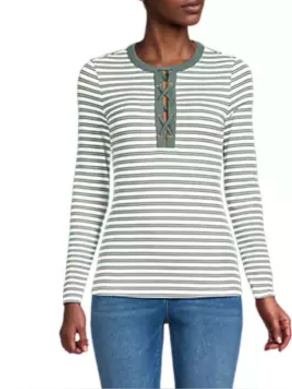 Lands End Striped Lace-Up Long Sleeve Top in Green and White